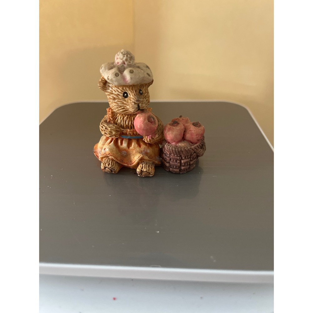Miniature Bear Figurine with Apple Basket Resin Country Collectible 2 Inch